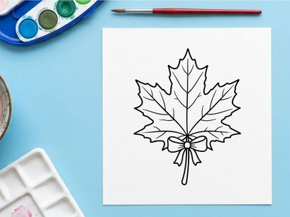 Simple line drawing of a maple leaf with bow. Minimalist botanical illustration for nature-themed designs.