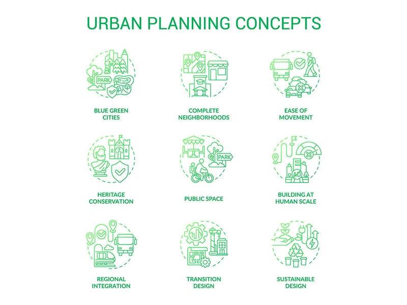 Urban planning green gradient concept icons set