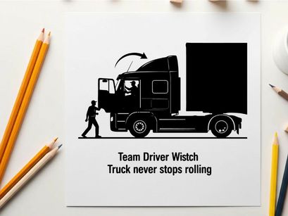 Silhouette of team driver wistch with rolling semi truck silhouette