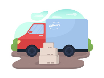 Delivery truck and package boxes 2D vector web banner, poster preview picture