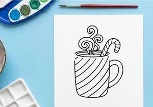 Hand-drawn steaming Christmas coffee mug with candy cane stirrer and swirl steam illustration