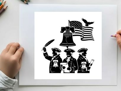 American revolution silhouette with patriotic symbols and founding fathers