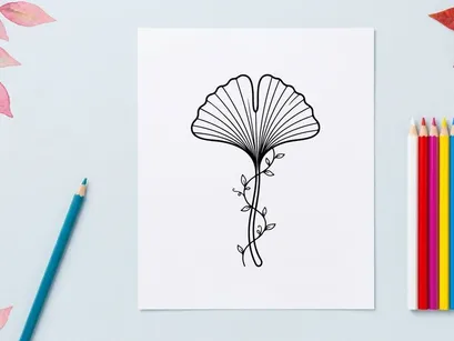 Ilustrasi Daun Ginkgo yang Elegan untuk Desain Alam dan Botani. Gambar botani artistik yang menampilkan daun ginkgo rinci dengan garis-garis halus.