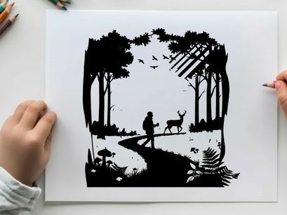 Silhouette of a person and deer in forest landscape