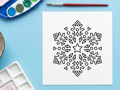 Black and white snowflake icon, geometric Christmas star pattern for winter holiday design.