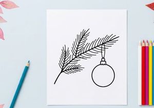 Ilustrasi seni garis ornamen bola gantung cabang pohon Natal