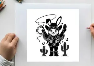 Western bunny silhouette in cowboy hat with lasso and cacti