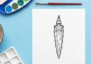 Christmas icicle ornament with star, black and white line art vector illustration.
