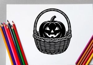 Halloween Pumpkin with Carved Face in Wicker Basket for Fall Decor
