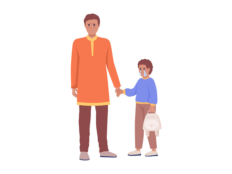 Dad holding crying son hand semi flat color vector characters