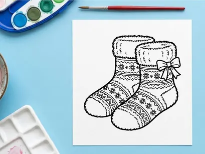 Pair of cozy Christmas socks with snowflake patterns and a bow, black and white line art.