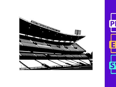 Black and white image of an empty sports stadium with tiered seating
