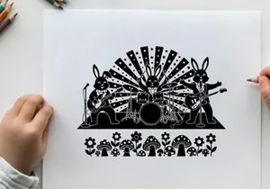 Silhouette of three rabbits playing music on stage with flowers and mushrooms