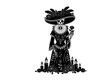 Silhouette of a female skull in a large hat with candles preview picture