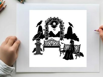 Silhouette of woman sitting on bench with crows and archway