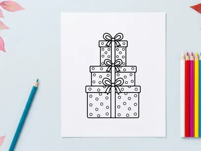 Stack of Christmas gift boxes with ribbons and bows, black and white line art illustration.