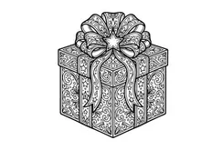Christmas gift box with ornate bow, black and white line art illustration for coloring page.