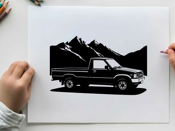 Silhouette of a pickup truck in front of mountains