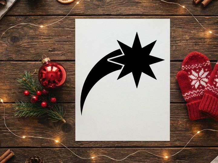 Black shooting star icon, simple celestial graphic element for holiday design projects.