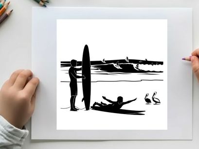 Silhouette of surfers and pelicans by the ocean waves at sunset