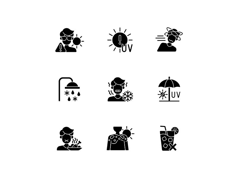 Heatstroke risk during summer black glyph icons set on white space