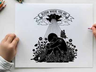 Silhouette of a person kneeling in flowers with angel and inspirational quote