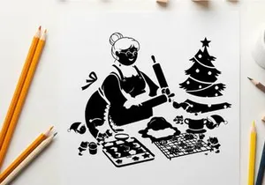 Black silhouette of woman baking christmas cookies with tree