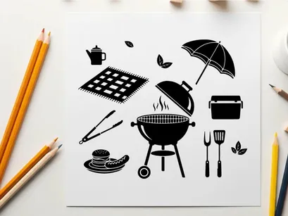 Barbecue Grill and Picnic Set Vector Illustration