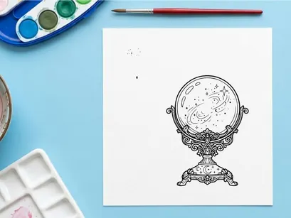 Ilustración de arte lineal de bola de cristal. Orbe mágico místico con estrellas de galaxia y telaraña.