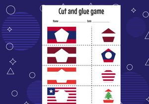 12 Pages Cut and glue game for kids with country flag. Cutting practice for preschoolers. Education paper game for children