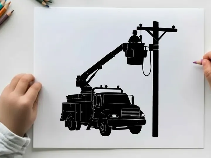 Silhouette of a utility worker in a bucket truck repairing a telephone pole silhouette