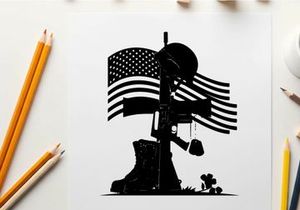 American military silhouette with flag and memorial cross