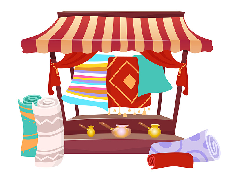 Bazaar trade awning with handmade carpets cartoon vector illustration