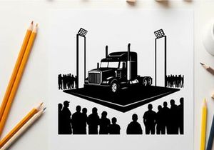 Silhouette of a large truck on display with crowd and stadium lights silhouette