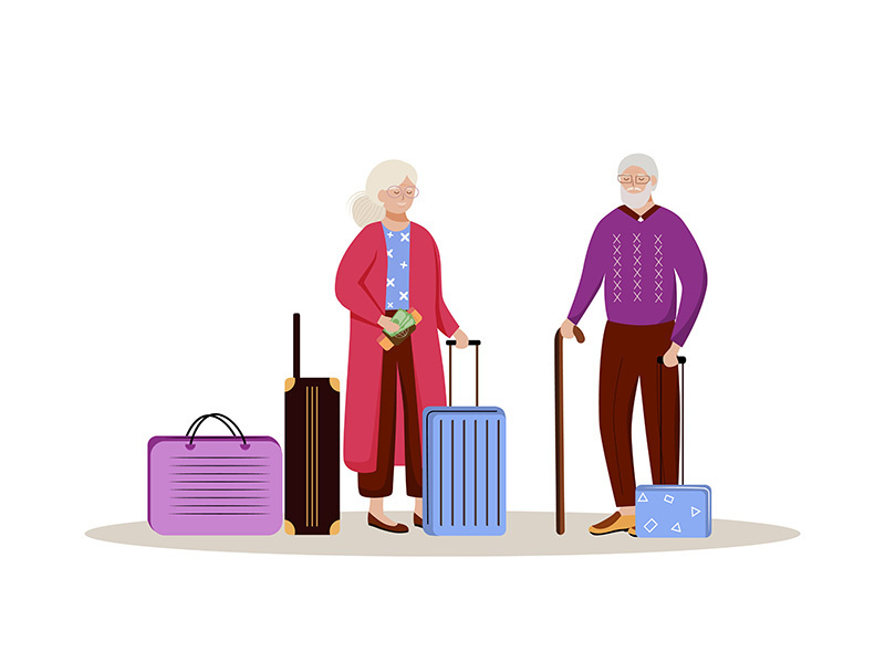 Elderly couple with luggage flat vector illustration