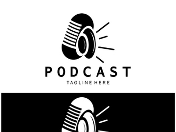 podcast logo with microphone and earphone audio, radio waves. for studio, talk show, chat, information sharing, interview, multimedia and web. preview picture