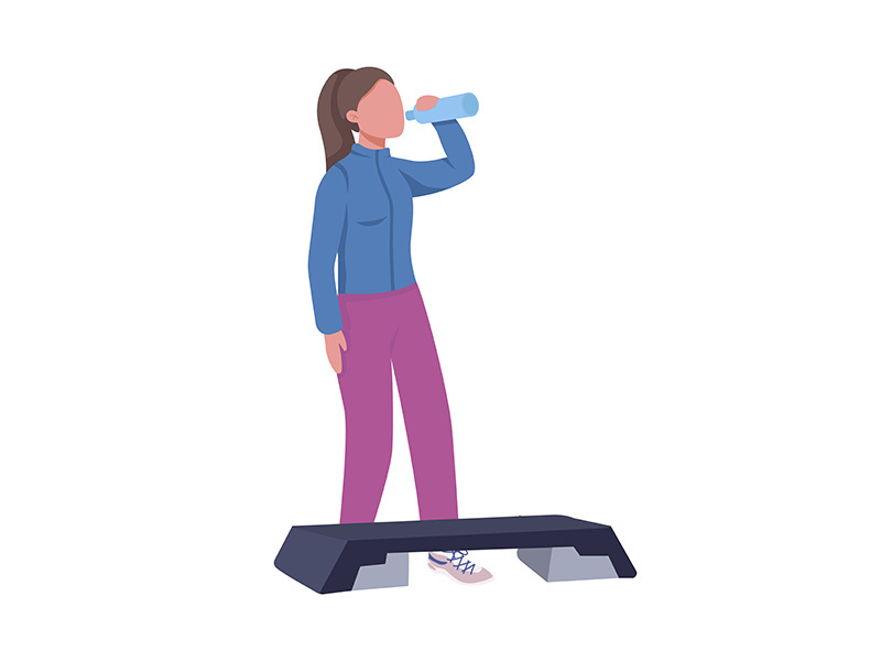 Girl drinking water during workout semi flat color vector character