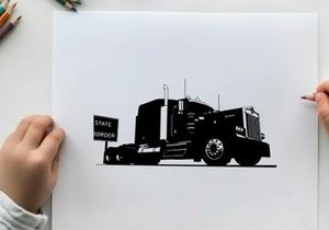 Silhouette of a large truck on the road with a sign