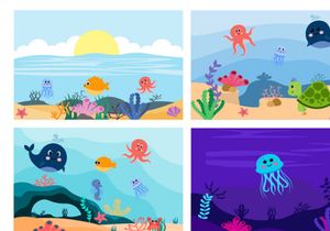 12 Cute Ocean Animals Underwater Background Flat Design