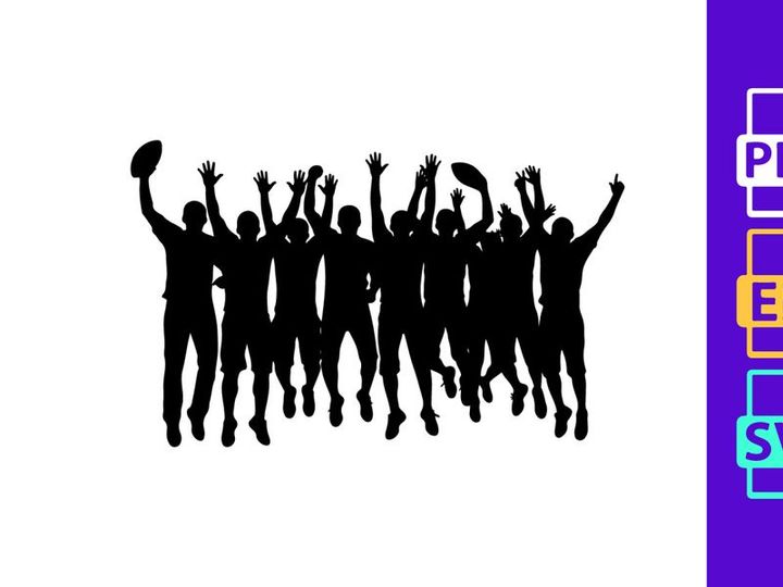 Silhouette of a group of people jumping and celebrating with frisbees in the air