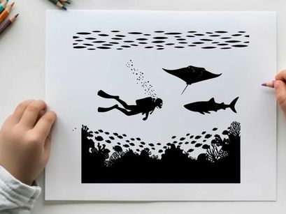 Silhouette of scuba diver and marine life underwater scene