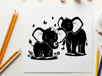 Silhouette of two cute elephants with butterflies and flowers