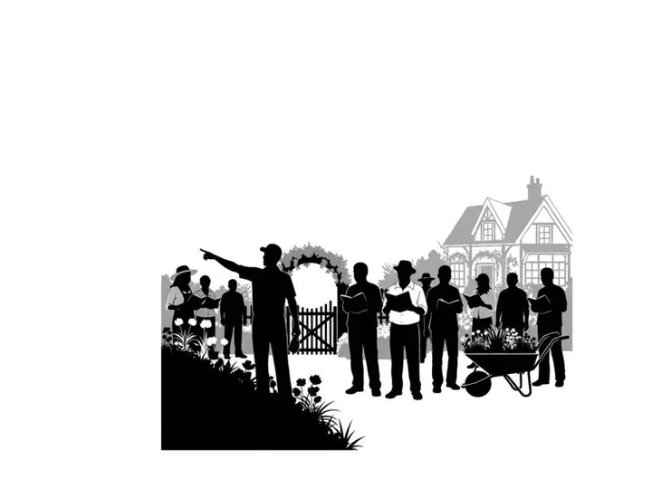 Silhouette of people standing in front of a large house with a gate