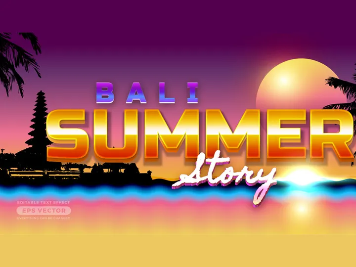 Bali Summer Story Retro Text Effect with theme retro realistic neon light concept for trendy flyer, poster and banner template promotion