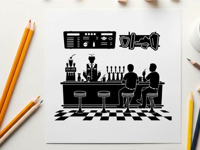 Silhouette of two men sitting at a diner counter with a soda fountain
