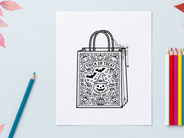 Trick or treat Halloween tote bag with spooky pumpkin design. Reusable cotton shopping bag featuring festive autumn illustration for seasonal promo...