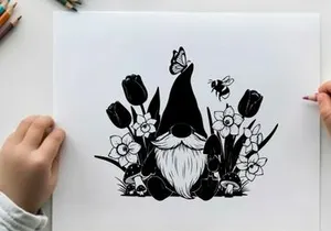 Silhouette of a gnome with flowers and insects