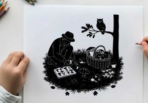 Man in silhouette plays chess outdoors under owl's watchful eye at night