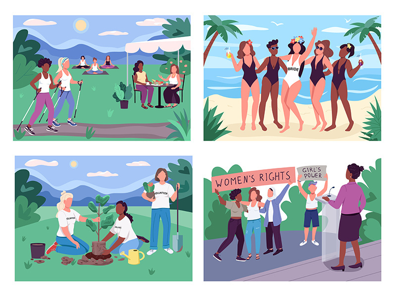 Women group activities flat color vector illustration set