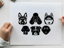 Silhouette of six dog breeds in two rows silhouette